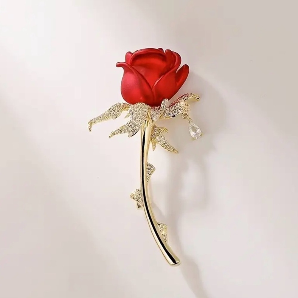Elegant Red Rose Brooch with Gold Stem. - Picture 4 of 6